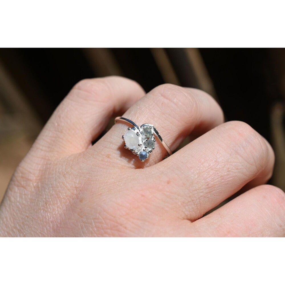 Engagement ring Moonstone and Montana Sapphire Unique Raw Bohemian Jewelry